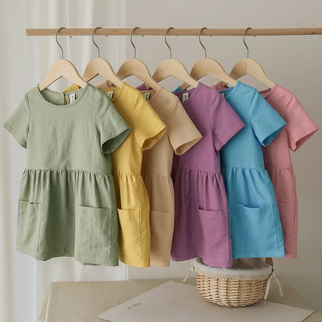 Cotton Linen Summer Girl Dress Yellow Casual Short Sleeve Kids Holiday Dress With Pockets TZ20