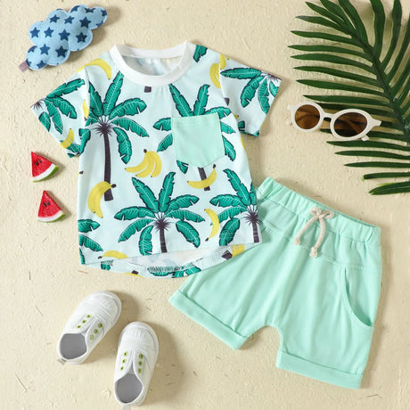 Summer Boys Clothing Set  Cool Beach Suit Tree Print Tee And Solid Shorts 2 Pcs  Track Suit