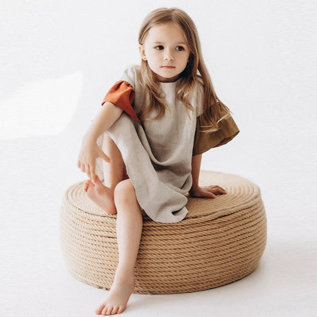 Girls Natural Linen Patchwork Dress Summer New Baby Kids Flare Sleeve Casual Cotton And Linen Dresses Children's Clothing TZ045