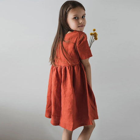 Girl's Linen Dress Retro Literary Cotton And Linen Short-Sleeved Pleated Dresses Children's Clothing