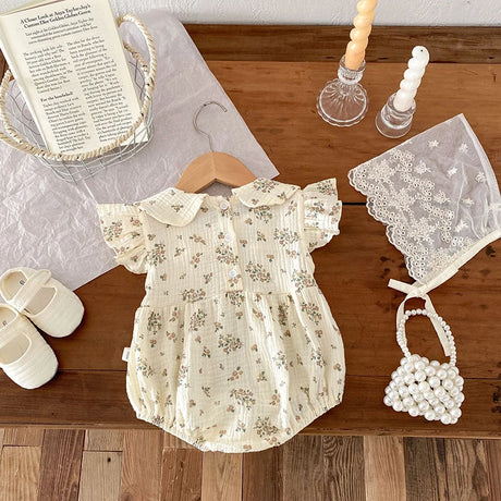 Summer Baby Clothes Peter Pan Collar Baby Girls Floral Bodysuit Infant Flying Sleeve One Piece 0-2Y