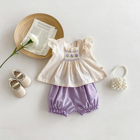 Summer Baby Girls Clothing Set Tulip Embroidery Girls Suit Ruffle Tee And Shorts 2 Pcs Girls Outfit